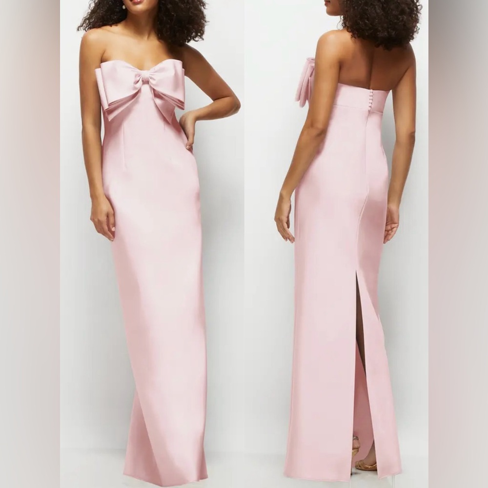 NWOT Alfred Sung Bow Ballet Pink Detail Strapless Satin Twill Column Gown Sz 12